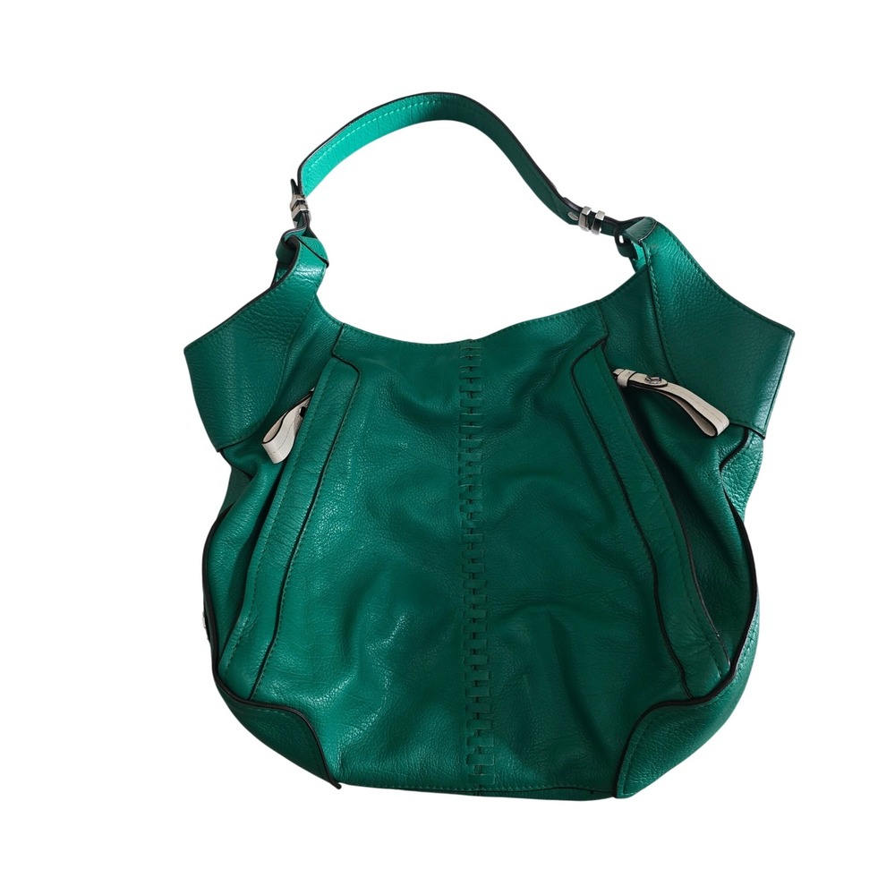 Oryany Green Pebbled Leather Hobo Shoulder Bag Whipstitch Detail Slouchy Tote